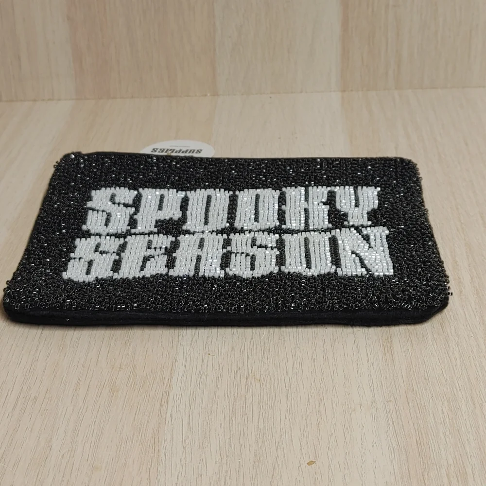 Spooky Season Beaded Halloween Pouch Clutch Black 6 1/4